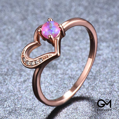 "Deep in Heart" - Simple Circular Opal Hollow Heart Ring