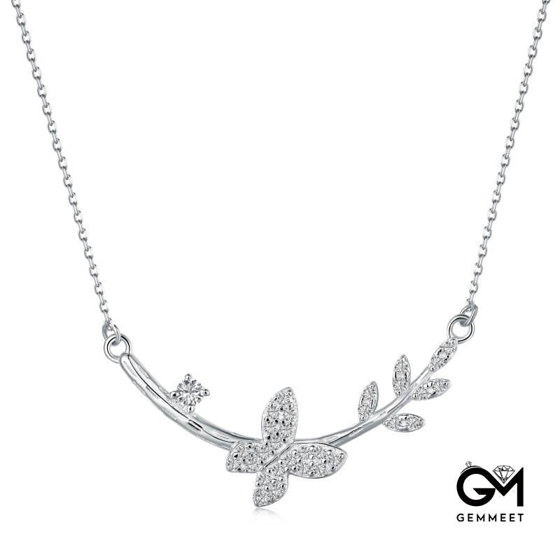 S925 Sterling Silver Zircon Leaf Flower Butterfly Necklace