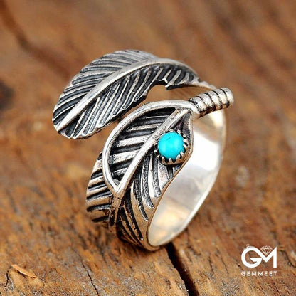 Vintage Turquoise Feather Jewelry Adjustable Ring