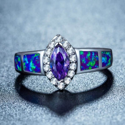 ”Gemstone of Sea" - Vintage Blue Opal With Oval Amethyst Ring