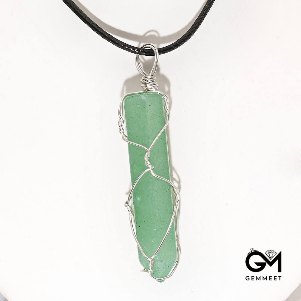 Green Aventurine Hexagon Column Wrapped Pendant Necklace