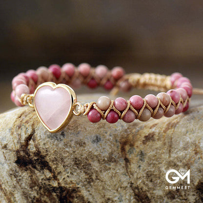 Heart Shape Rose Quartz Stone Beaded Bracelet