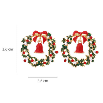 Christmas Alloy Drop Oil Inlaid Zircon Leaf Wreath Earrings Bow Knot Bell Earrings