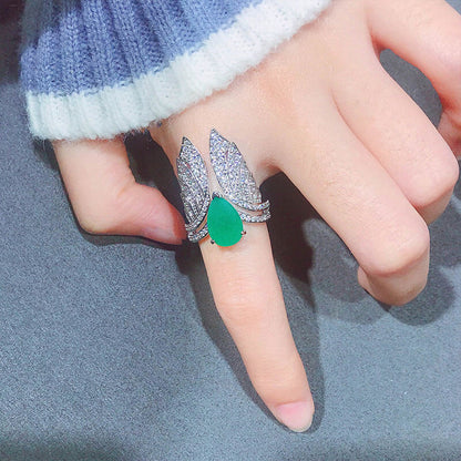 New Retro Simulation Emerald Open Ring Creative Angel Wings Colorful Treasure Ring