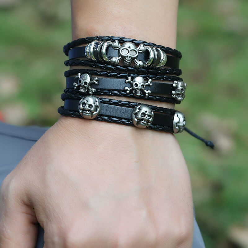 Handmade Beaded Leather Five-Piece Bracelet Skull Halloween Cowhide Bracelets