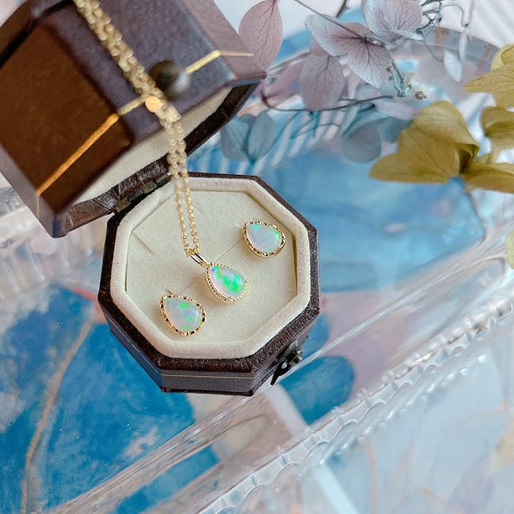 Opal Ring Earrings Drop Shape Pendant Necklace