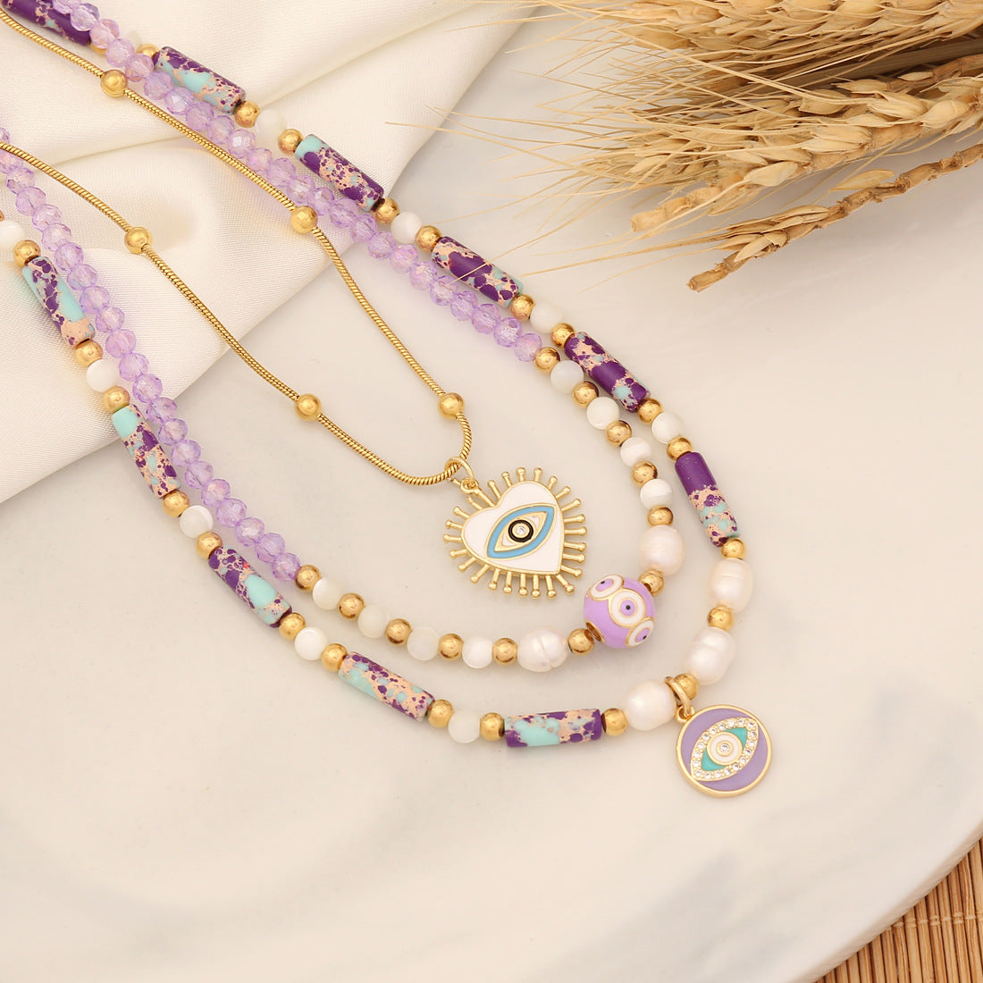 Bohemian Purple Emperor Stone Layered Evil Eye Necklace