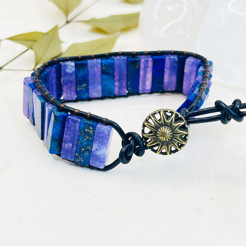 Amethyst Stones Leather String Wrap Square Bracelet