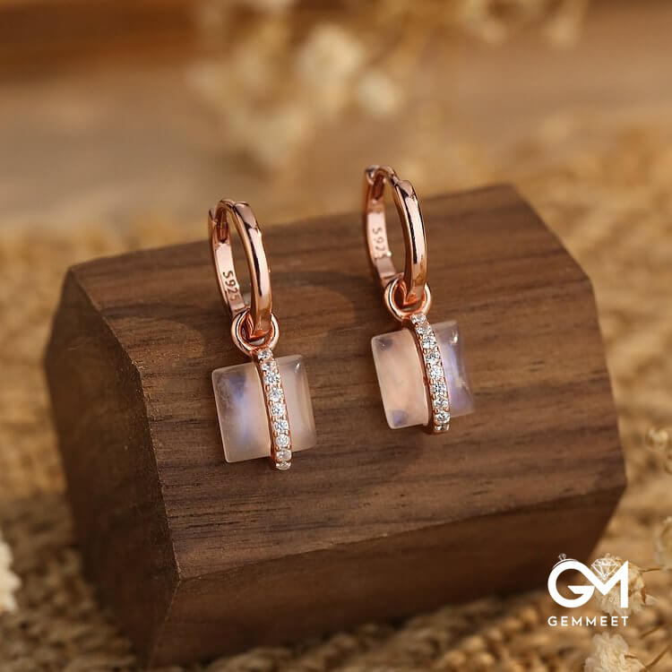 Square Moonstone S925 Silver Rose Gold Earrings