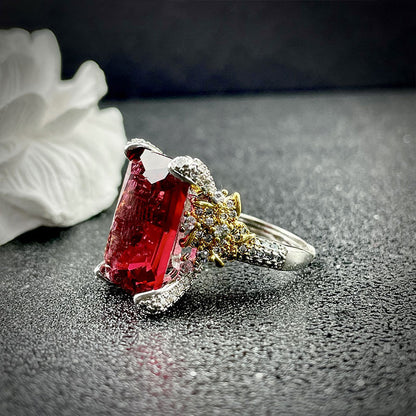 Flower Dance Rose Red Diamond Camellia Open Ring Imitation Natural Color Treasure Rupee Red Tourmaline Ruby Ring