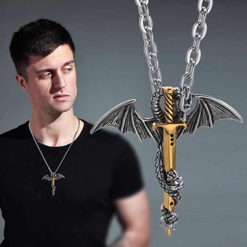 Classic Vintage Warrior Dragon Sword Necklace