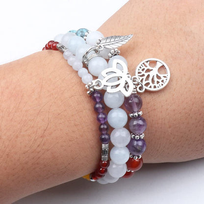 Life of Tree Lotus & Leaf Symbol Color Stones Bracelet