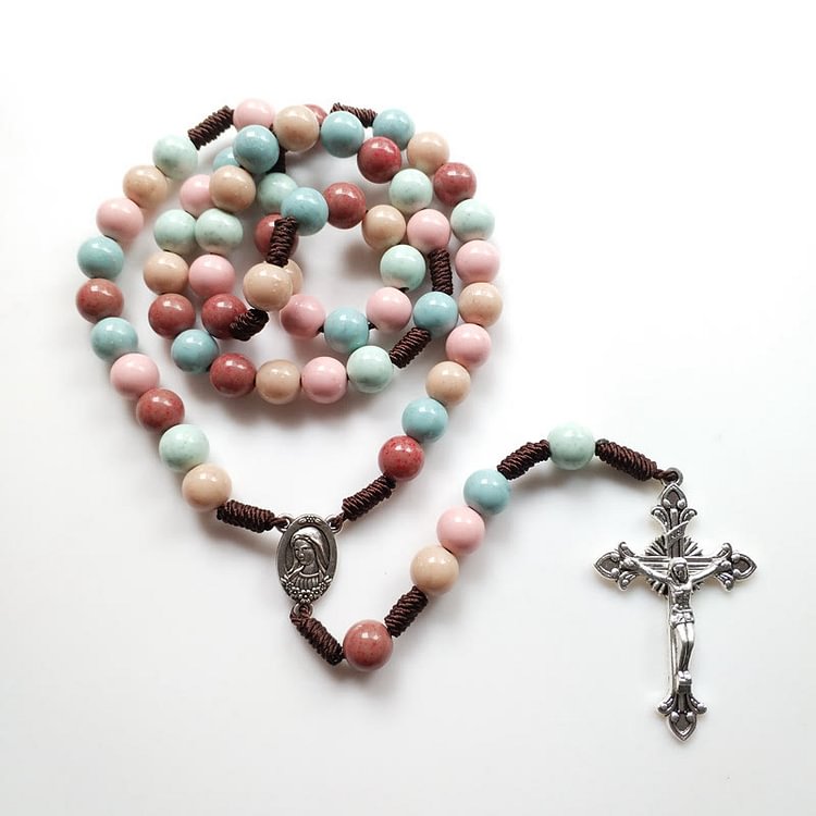 Color Beads Rosary Mary Medal Cross Necklace