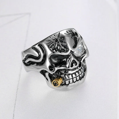 White Eyes Gold Pipe Skull Ring