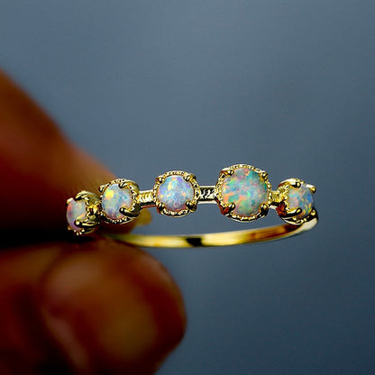 Five Blue White Opal Simple Designs Ring