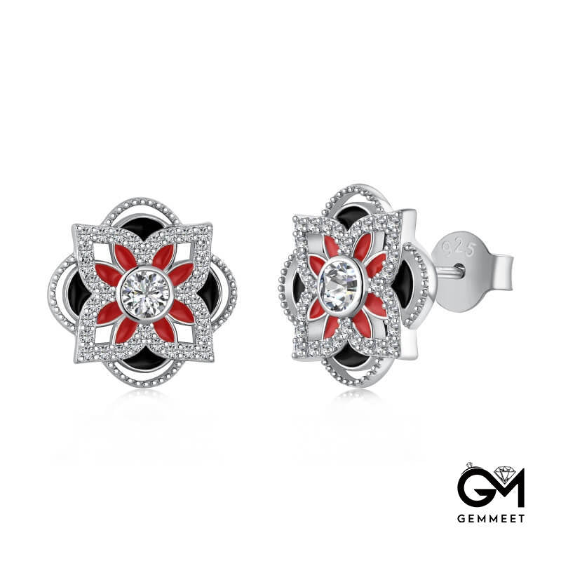 S925 Sterling Silver Four-leaf Clover Flowers Red Black Earrings