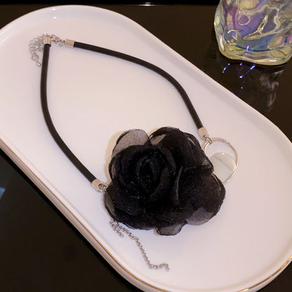 Leather Mesh Flower Long Chain Necklace