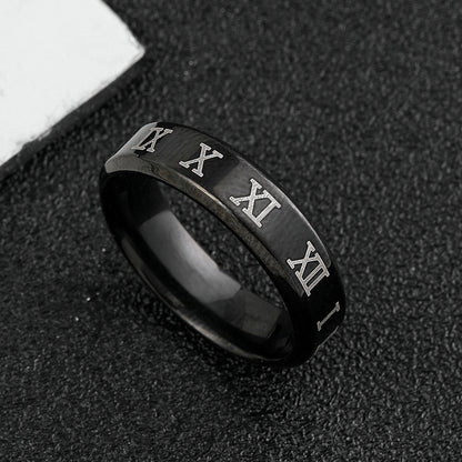 Simple Black Stainless Steel Roman Numerals Ring