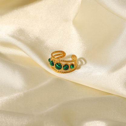 French Vintage Natural Stone 5 Malachite Hollow Ring