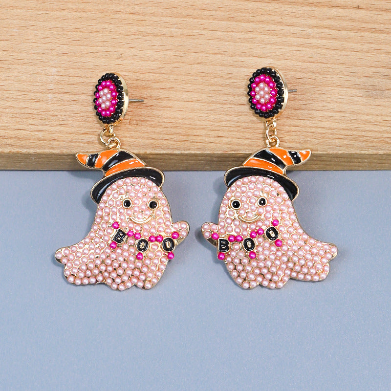 Halloween Cute and Funny Little Ghost Rice Bead Alloy Earrings