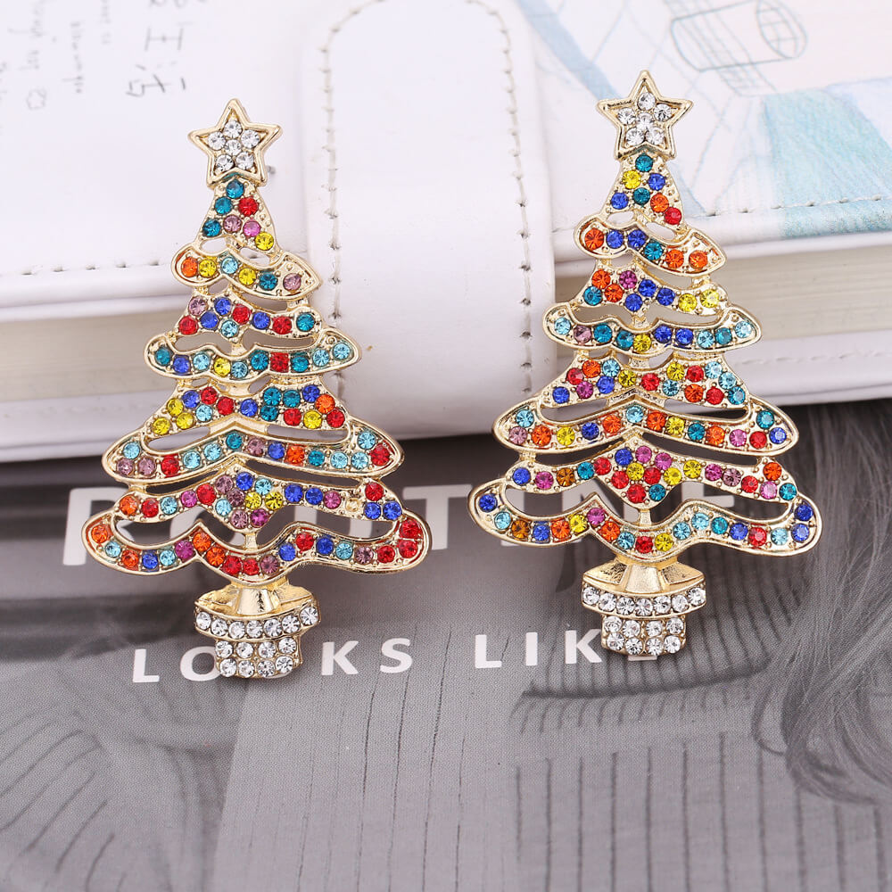 Christmas New Exaggerated Hollow Full Inlaid Zircon Christmas Tree Earrings Exaggerated Creative Flower Stud Earrings