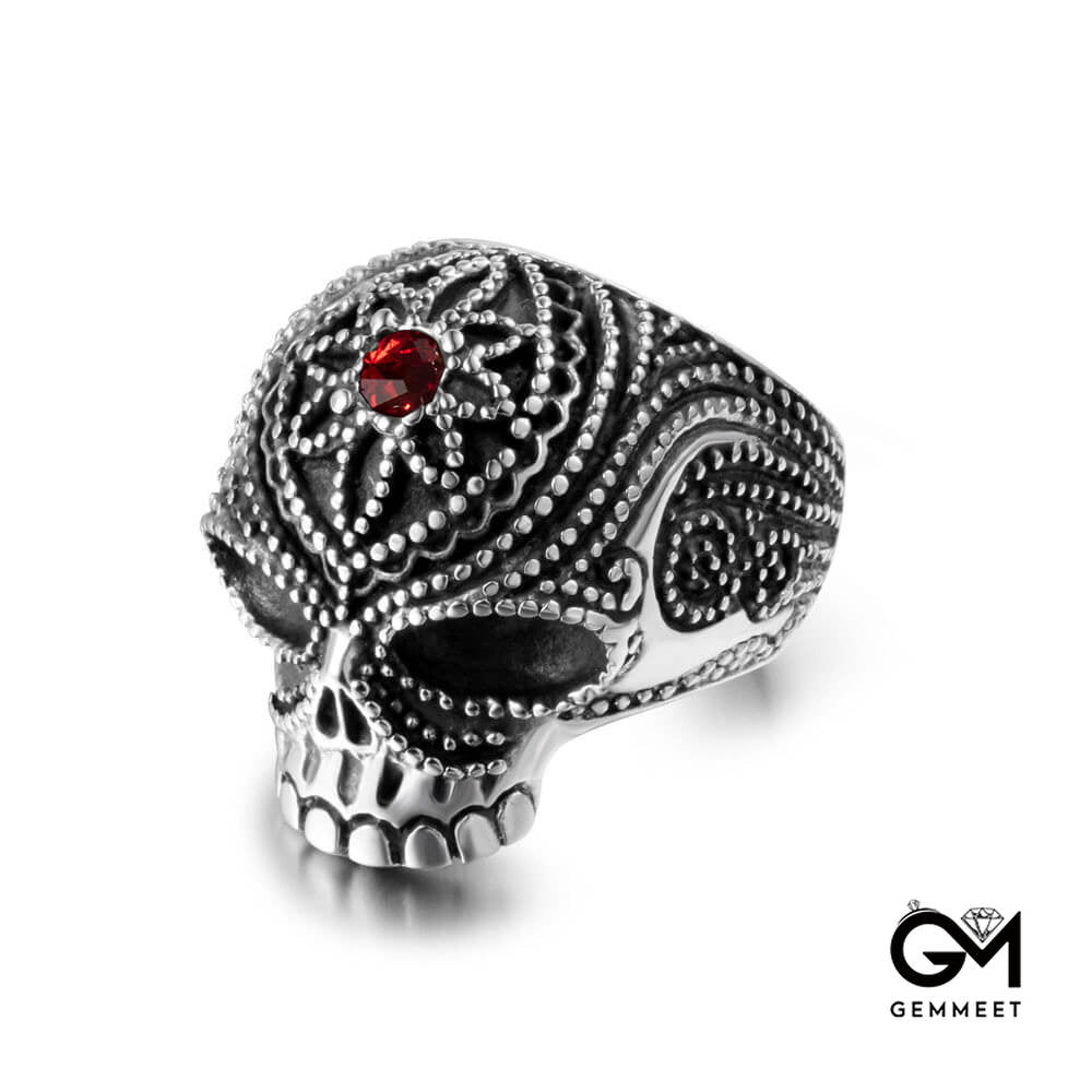 Titanium Steel Skull Ghost Head Flower Red Zircon Ring