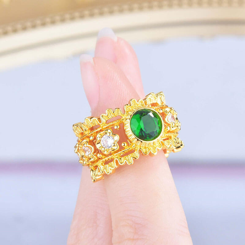 Lace Emerald Ring Textured Gold Emerald Zircon Ring