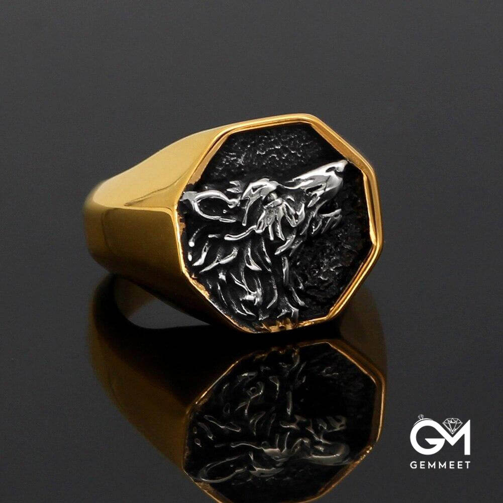 Stainless Steel Viking Wolf Gold Plated Ring