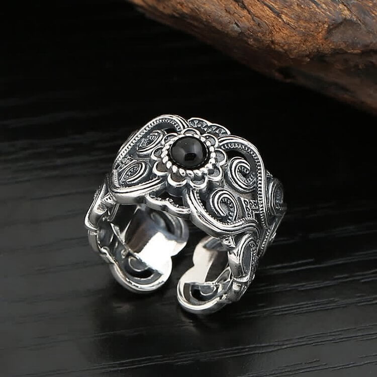 Ethnic Black Onyx Pattern Adjustable Ring