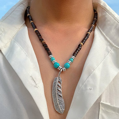 Turquoise Wooden Bead Feather Pendant Bohemian Necklace