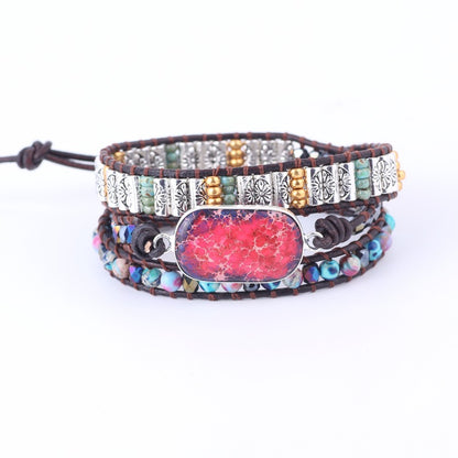 Dual Color Imperial Stone Multi-Layer Braided Leather Wrapped Bracelet