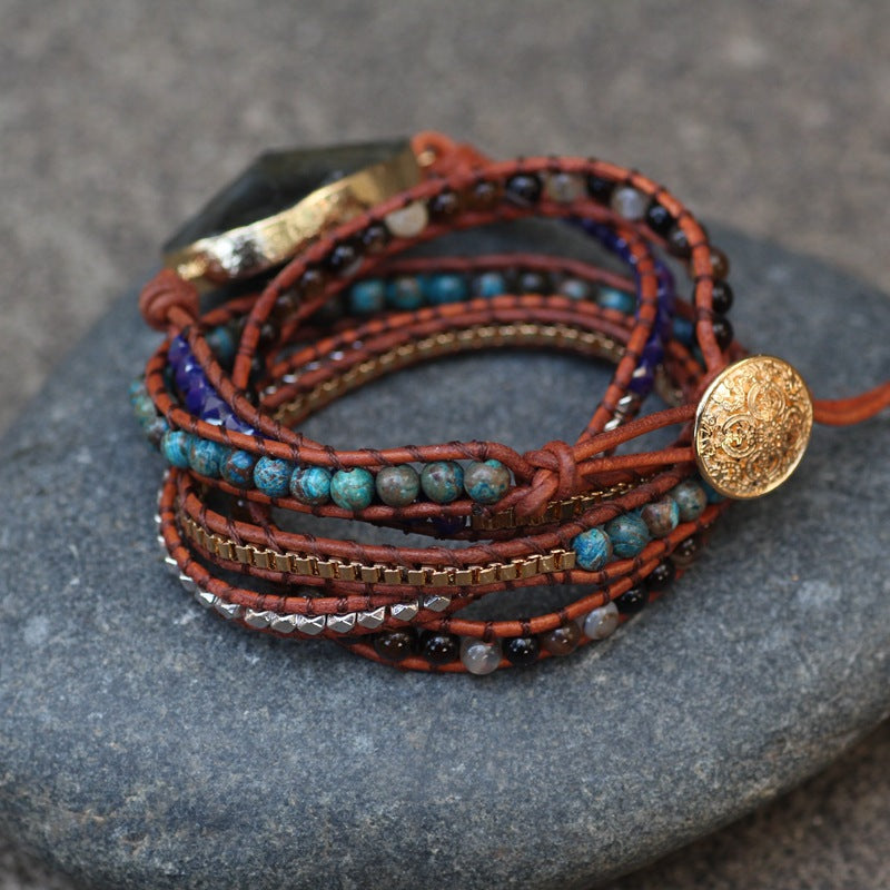 Bohemian Glitter Stone Multi-Layered Woven Leather Bracelet