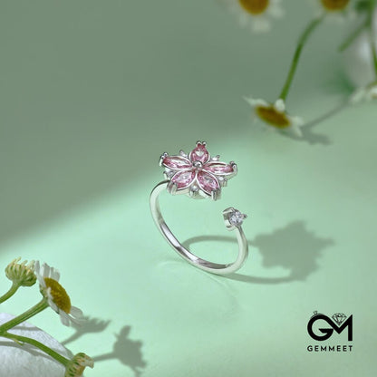 S925 Sterling Silver Pink Flower Zircon Open Ring