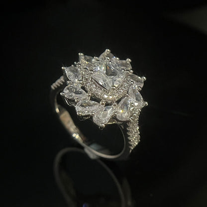 White Gold Big Flower Halo Full Stones Ring