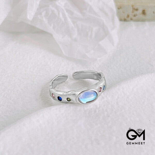 S925 Sterling Silver Pleated Texture Moonstone Open Ring