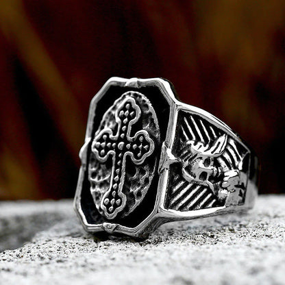 Vintage Stainless Steel Masonic Cross Skull Ring