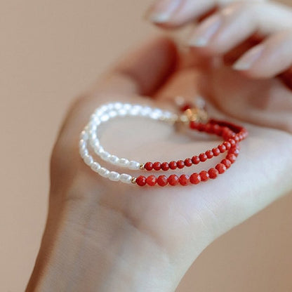 Red Agate With Pearl Gemstone Bracelet