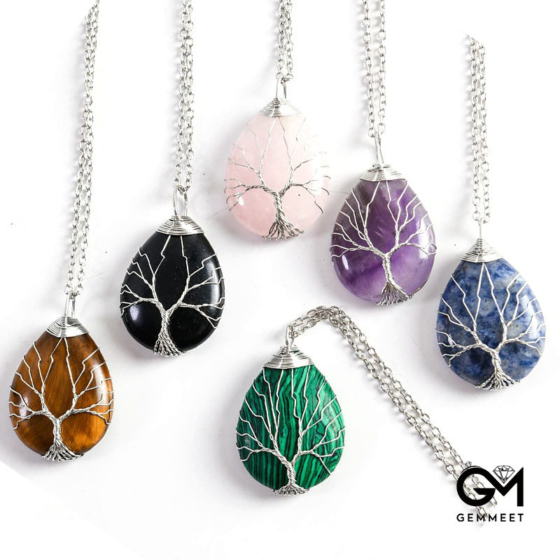 Wrapped Silk Tree of Life Opal Water Drop Necklace