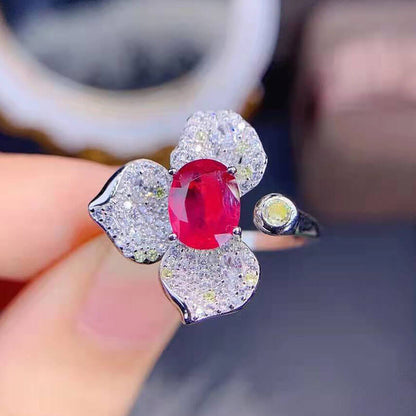 Light Luxury Micro-studded Three-leaf Flower Ring with Diamonds Red and Yellow Diamond Colored Jewel Ring