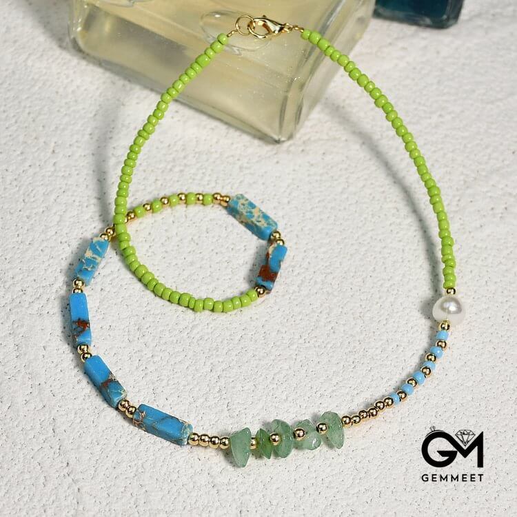 Blue Emperor Stone Green Jade Beaded Necklace