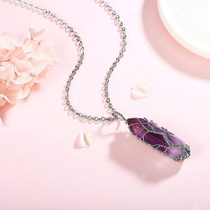 Crystal With Tree Of Life Gemstone Necklace