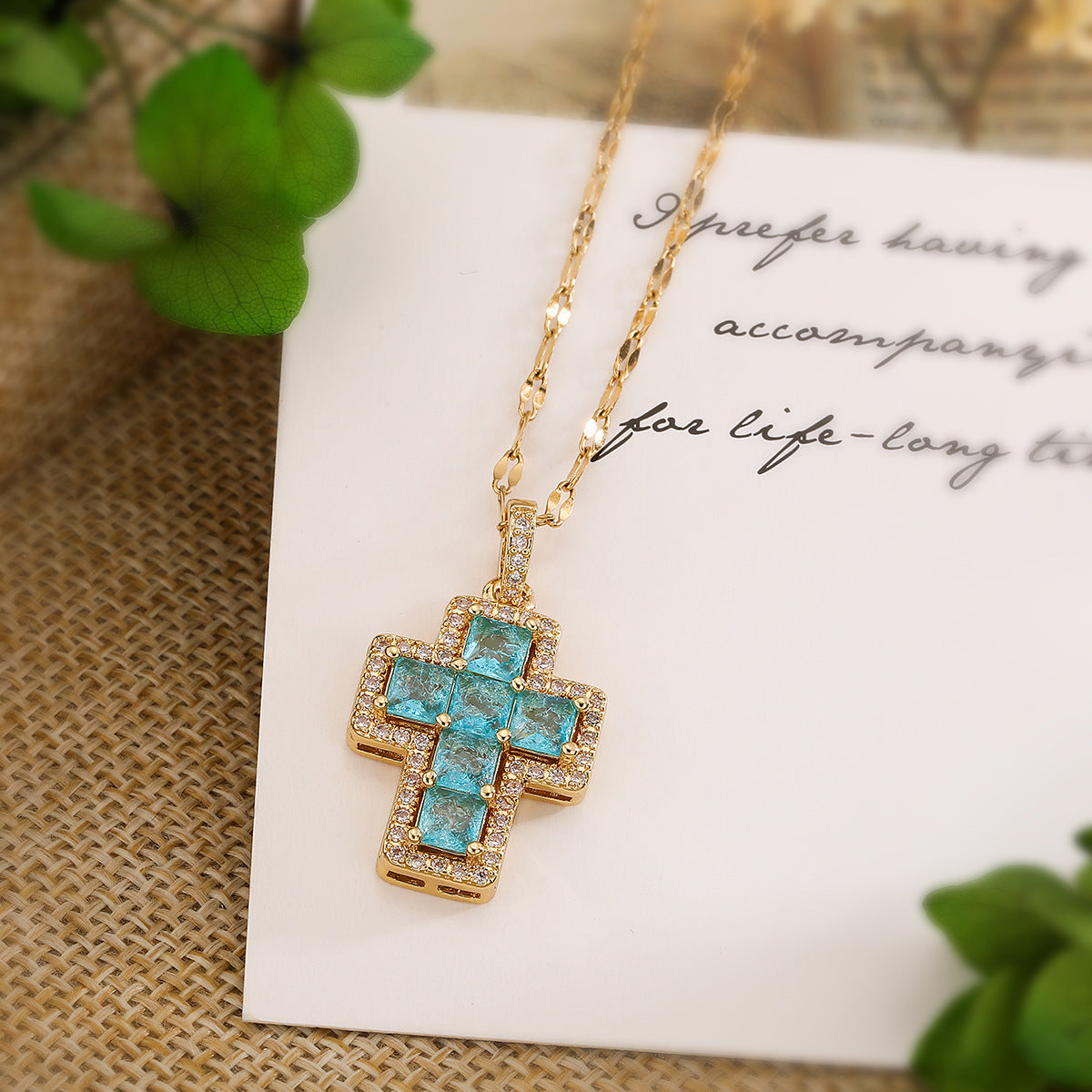 Cute Color Stones Halo Cross Pendant Necklace