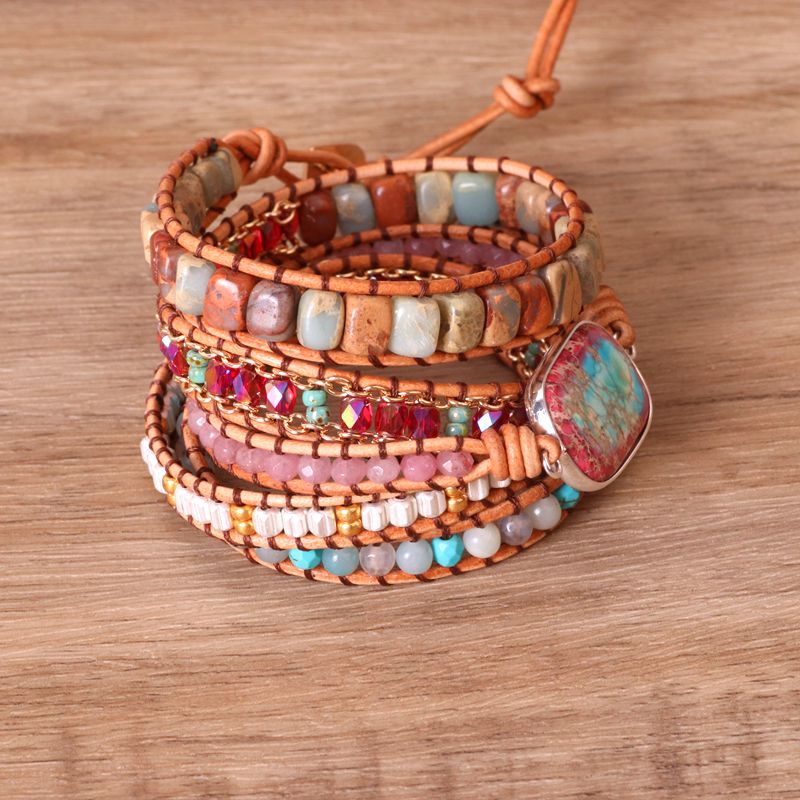 Colorful Pendant Multi-layer Woven Leather Wrapped Bracelet