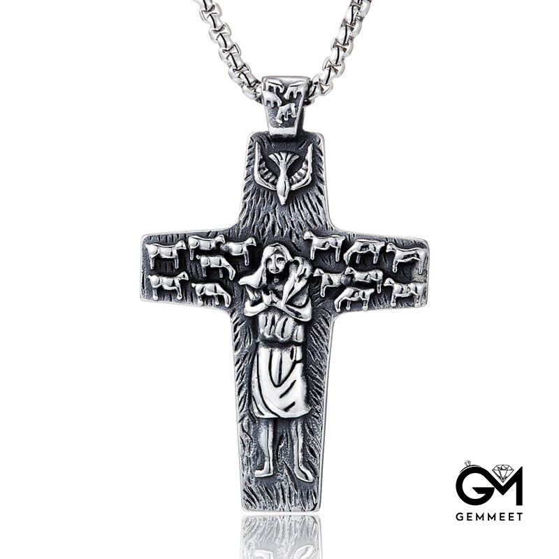 Stainless Steel Vintage Sheep Cross Pendant Necklace