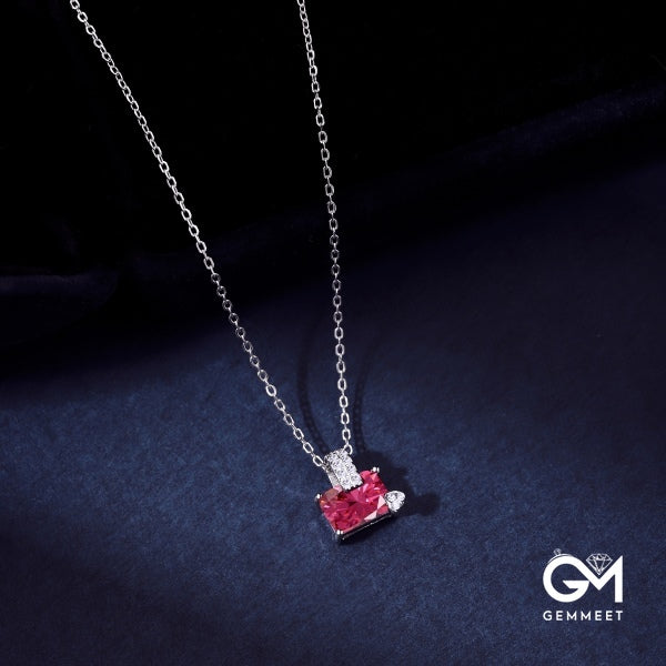 S925 Silver Rectangular Single Rose Red Zircon Necklace