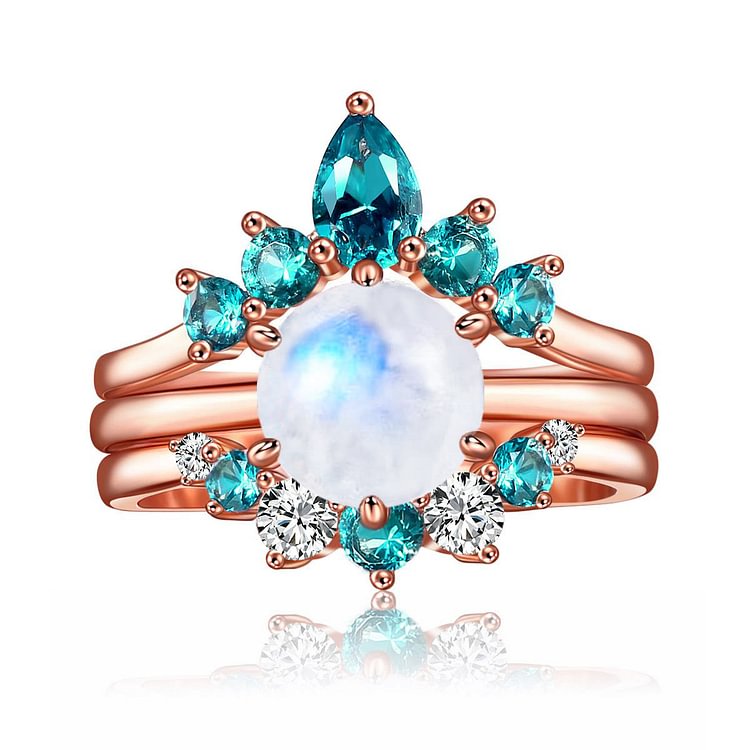 Blue Topaz Moonstone Crown Design Layered Ring