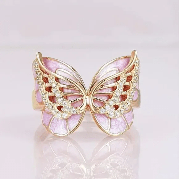 "For Memorial-Those We Love Fly With Us" Double Butterfly Zircon Ring