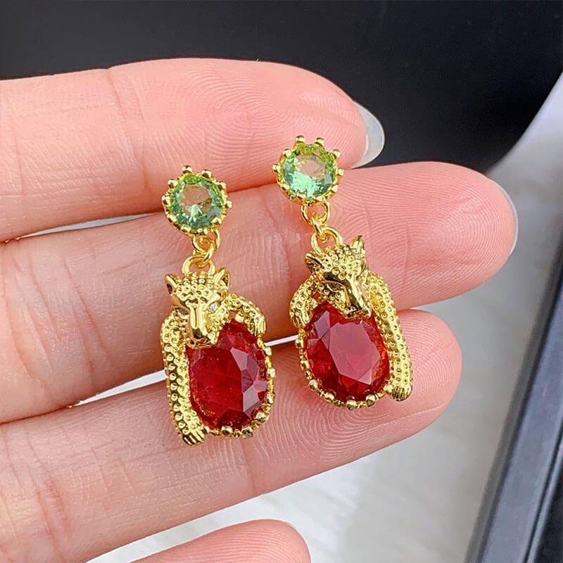 Red Diamond Leopard Earrings Vintage Imitation Ruby Stud Earrings Long Drop Earrings