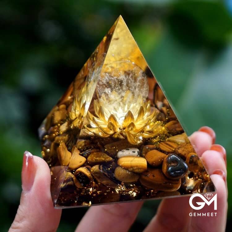 Clear Crystal Tiger Eye Lotus Symbol Orgone Pyramid