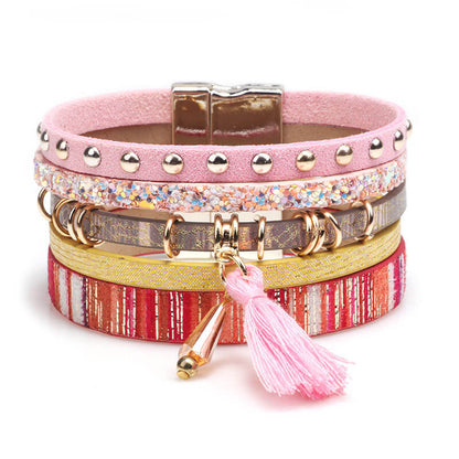 Fashion Multi-Layered Tassel Leather Personality Extra Wide Magnetic Buckle Bracelet